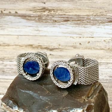 Vintage Cuff Links, Blue Agate, Wrap Around, Silver Tone, Cufflinks, Natural Stone, 60s 70s 
