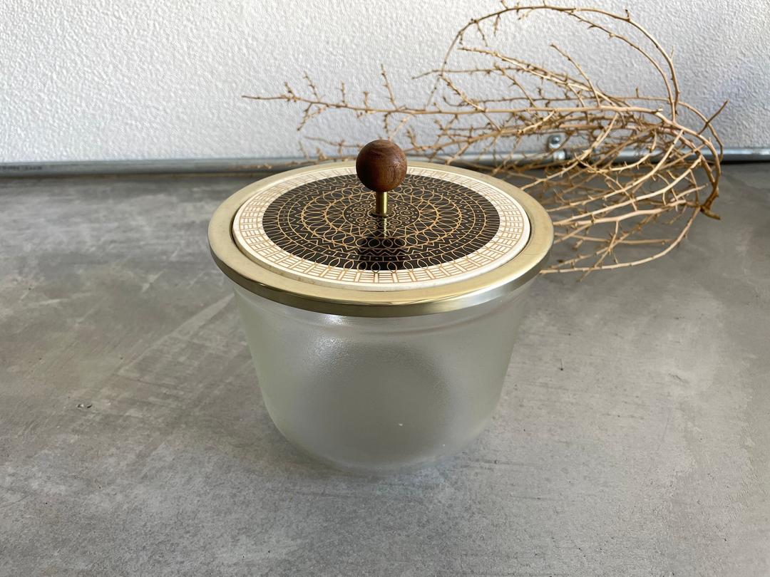 Vintage Pyrex Frosted Glass Ice Bucket with Black and Gold Brass Blue