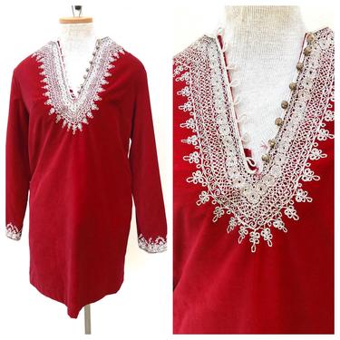 Vintage VTG 1960s 60s Red Velvet Embroidered Long Sleeve Tunic Dress 