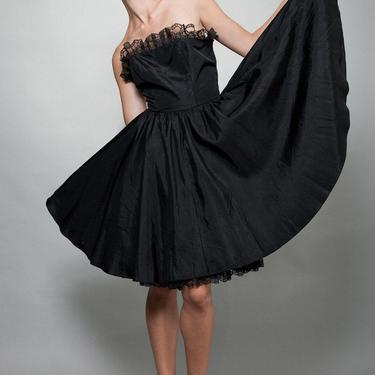 party dress black, strapless dress, taffeta dress, full skirt dress, vintage 80s S M Small Medium 