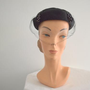 1940s Silver Studded Black Wool Felt Hat with Veil 