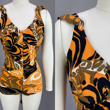 1960s Geometric Graphic Swimsuit with O-Ring Straps | Vintage 60s 70s Orange, Olive, Black & White One Piece Bathing Suit | medium / 34C 