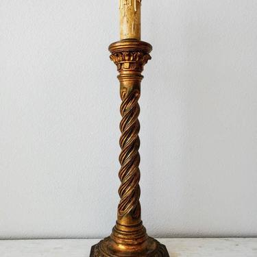 Antique Italian Twisted Giltwood Candlestick Table Lamp, 19th Century 