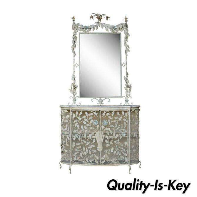 French Floral Shabby Chic Wrought Iron Mirror Marble Top Console