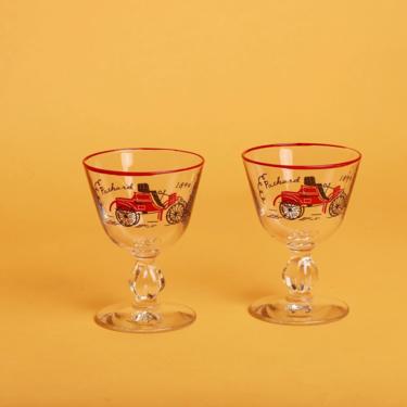 Vintage Set of 2 50s 1899 Packard Classic Car Novelty Clear Glass Cocktail Glasses 