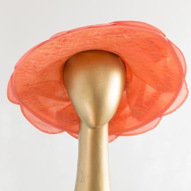 Fabulous 1950's Coral Silk Organza Broad Brim Hat By Sonni