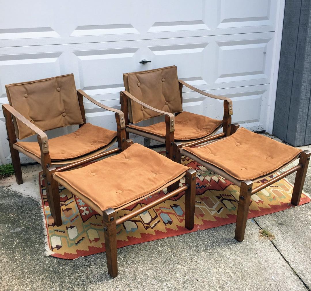 Vintage Pair MCM Gold Medal Furniture Safari Chairs with ottomans