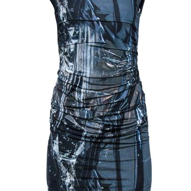 Helmut Lang - Blue &amp; Black Abstract Ruched Off-the-Shoulder Cocktail Dress Sz 8