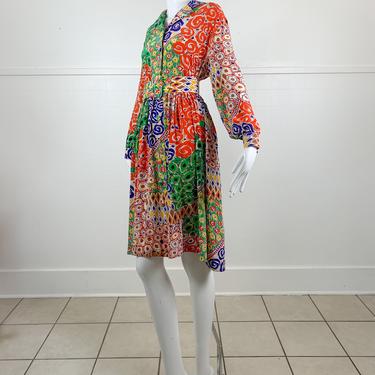 1970s Stanley Sherman Multicolored Silk Dress with Belt / Medium-Large 