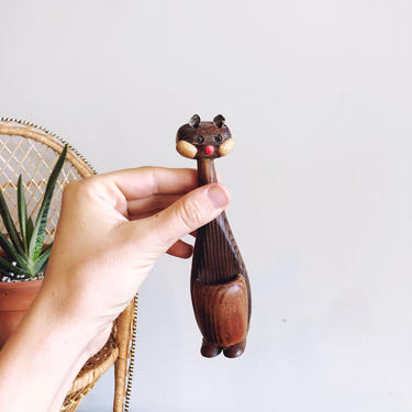 Vintage Japanese Wooden Cat Figurine Pen Holder 