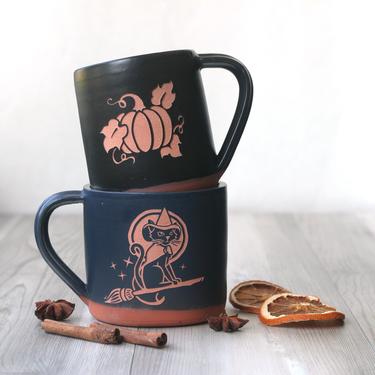 Halloween Pumpkin + Witch Cat Farmhouse Style Mug - spooky handmade pottery 
