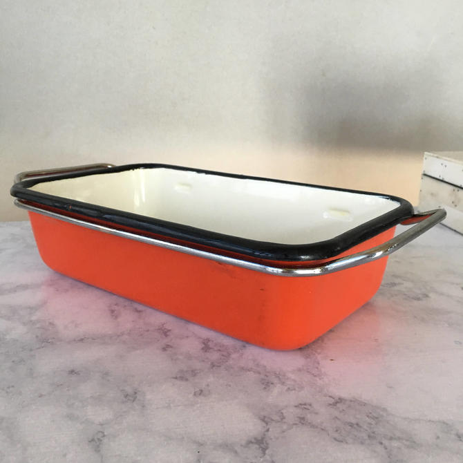 Vintage Enamelware Loaf Pan, Meatloaf Pan red and white enamel