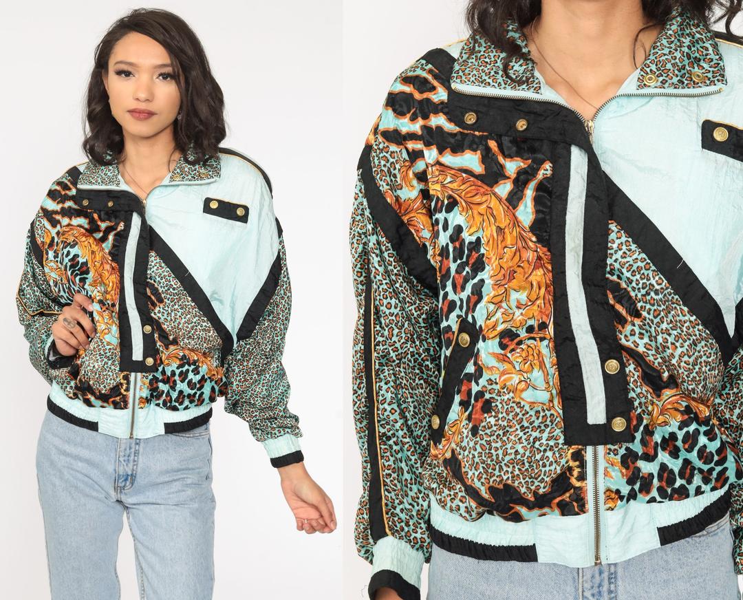 Leopard Print Jacket 90s Baby Blue Windbreaker Animal Print