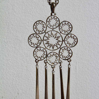 Boho 70s Silver Starburst Pendant with Dangling Fringe, Mid Century, Glam, Glamorous Statement Necklace, Funky Unique, 