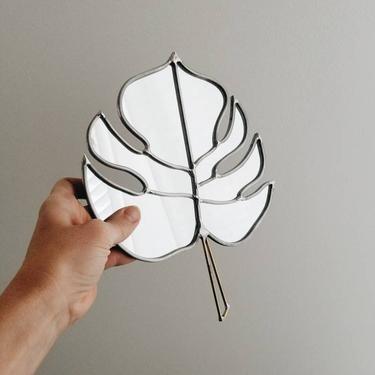 Monstera Tropical Leaf Mirror with Brass Detail - Stained Glass Monstera Wall Hanging 