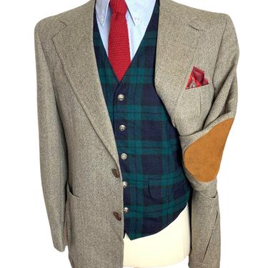 Vintage Wool HERRINGBONE TWEED Blazer 40 R ~ jacket / sport coat ~ Chinstrap / Belted Back / Elbow Patches ~ Hunting / Hacking ~ 1930s style 