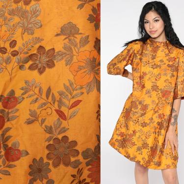 Boho Mini Dress Orange Floral Bell Sleeve Dress 70s Floral Shift Print Dress Hippie Dress 1970s Bohemian 60s Dress Medium 