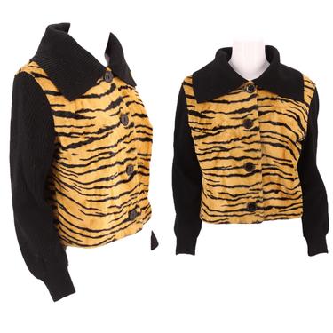 50s faux tiger fur knit jacket M / vintage 1950s fake fur print cardigan sweater bad girl VLV 