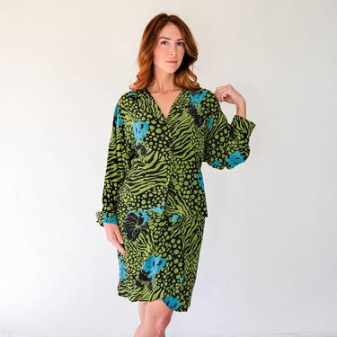 Vintage 80s Carole Little for St. Tropez Animal Floral Print Silk Jacket &amp; High Waisted Wrap Skirt Set | 100% Silk | 1980s Designer Silk Set 