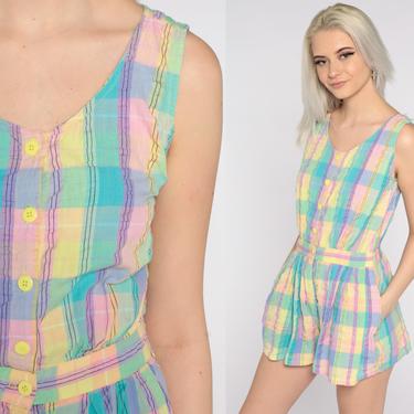 Pastel Plaid Romper 80s One Piece Checkered Playsuit Summer High Waist Button Up 1980s Vintage Shorts Purple Turquoise Small 4 