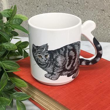 Vintage Cat Mug Retro 1980s Made in Japan + Black and Gray + Tabby + White Ceramic + Cat Lover + Coffee or Tea + Kitchen Decor and Drinking 