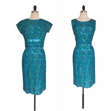 Vintage 60s green &amp; blue floral lace sheath dress with blouson bolero top 