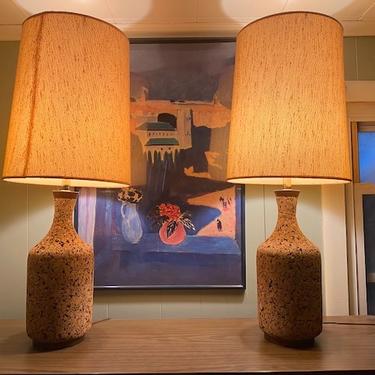 Pair of Vintage Cork and Wood Table Lamps with Sha
