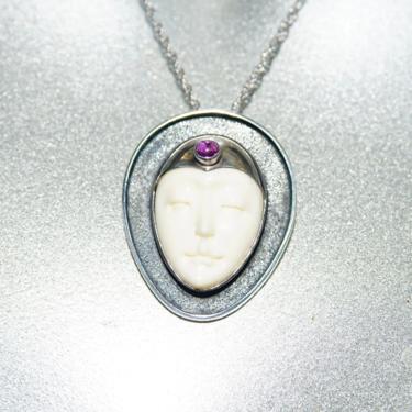 Vintage Sajen Sterling Silver Amethyst &amp; Carved Bovine Bone Moon Goddess Pendant/Brooch, Extraterrestrial, Unique 925 Jewelry, 1 1/2&amp;quot; L 
