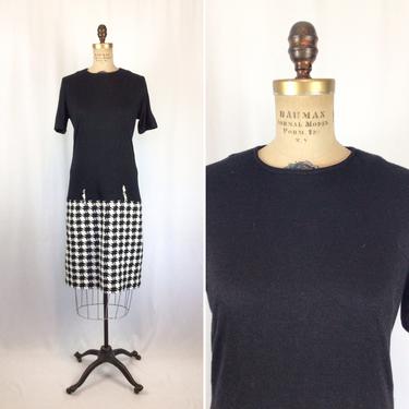 Vintage 60s dress | Vintage black wool houndstooth dress | 1960s drop waist shift dress 