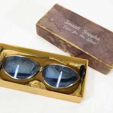 Vtg SEESALL FLIGHT AVIATOR GOGGLES BLUE LENSES W/ ORIG BOX Pilot Glasses WW2 ERA