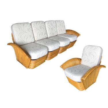 Restored Art Deco Rattan Fan Arm Three-Seat Sofa & Lounge Chair Livingroom Set 