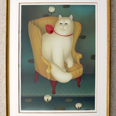 Contemporary Modern Framed Litho Signed Igor Galanin White Cat Wing Chair 64/175 
