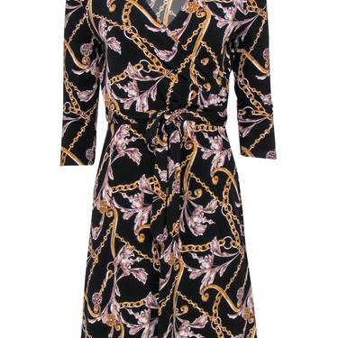 Joseph Ribkoff - Black Chain Printed Faux Wrap Dress Sz 4