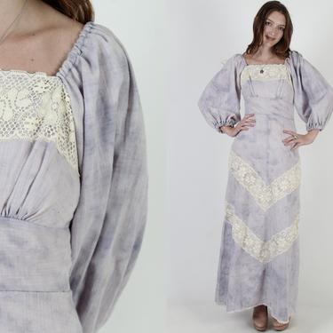 Vintage 70s Tie Dye Prairie Dress / Womens Ivory Chevron Bohemian Dress / Ivory Floral Lace Festival Outfit Maxi Dress 