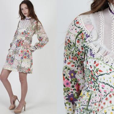 Vintage 70s Bright Floral Dress / Mod Inspired Tuxedo Ruffle Bib / 1970s White Lace Wildflower Print Cocktail Party Mini Dress 