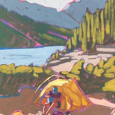 Backpacker  |  Original Acrylic Painting on Canvas 12 x 16  |  figurative, camping, shadow, light, forest, trees, mountain, camping 