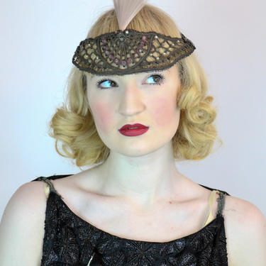RARE Vintage Antique French Edwardian 1916-1920 Woven Beaded Headband Hairdress with Spun Celluloid Plume Ballets Russes 