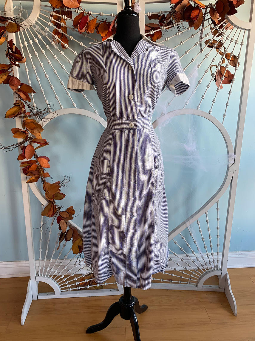 Vintage 1940s Seersucker Blue and White Striped Uniform