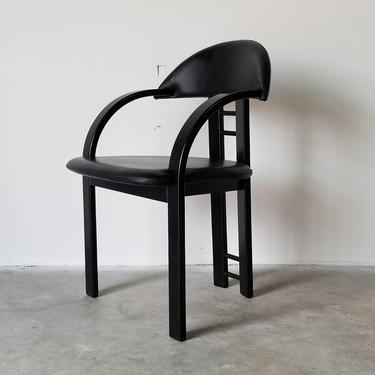 1980s Italian Postmodern Black Lacquer Wood and Leather Accent Chair. 
