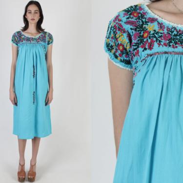 Teal Oaxacan Midi Dress / Colorful Hand Embroidered Dress / Vintage Little People San Antonio Dress / Womens Long Aqua Puebla Dress 