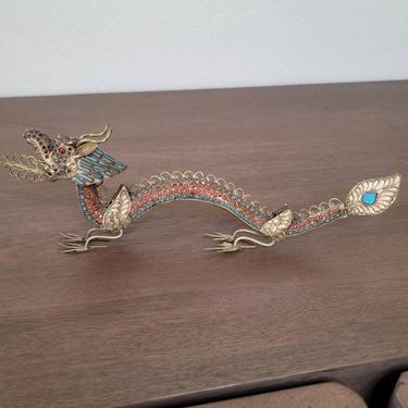 Vintage Asian Gemstone Inlaid Brass Filigree Dragon Sculpture, Himalayan Folk Art 