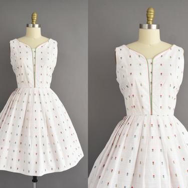 vintage 1950s dress | Serbin White &amp; Pink Floral Full Skirt Dress | Large XL | 50s vintage dress 