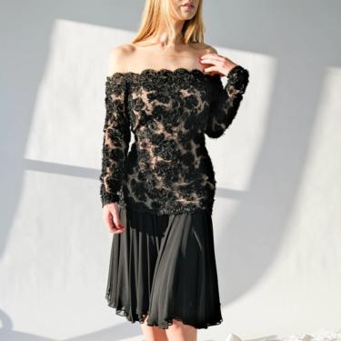 Vintage 80s ESTEVEZ COUTURE Black &amp; Nude Floral Tulle Lace Drop Waist Mini Dress w/ Lettuce Hem | Silk Blend | 1980s Designer Couture Dress 