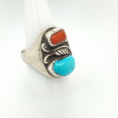 Vintage Artisan Navajo Sterling Silver Turquoise Coral Ring Mens Sz 10.75 