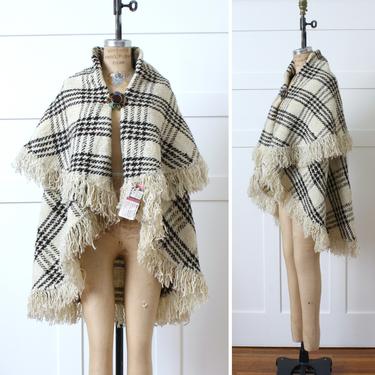 vintage 1970s 80s poncho • heavy woven wool cape with fringe • ivory & brown plaid hand woven 