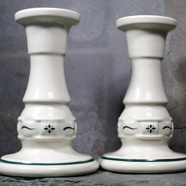 Longaberger Candlesticks - Woven Traditions - Classic Green &amp; White Style - Charming Longaberger Ceramic Candlesticks, Circa 1990s 