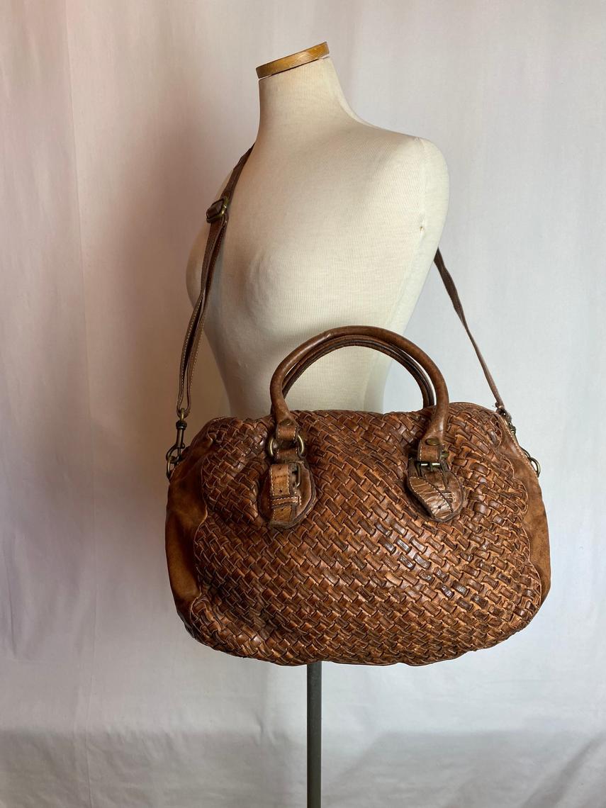 90 s Langellotti Italian woven brown leather bag X Large duffel Hatties Vintage Clothing Portland OR