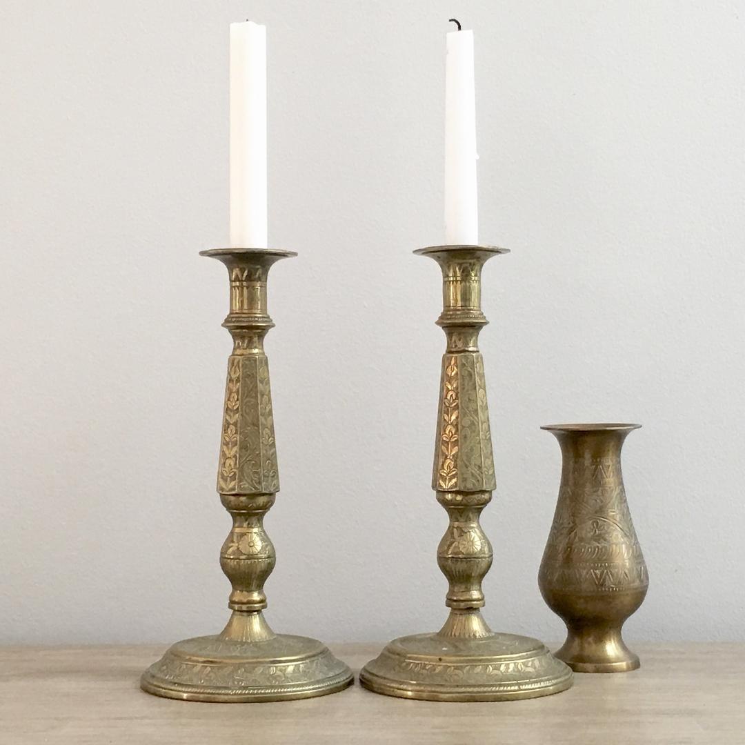Indian Brass Candlesticks Candle Holders Etched Stamped Floral Design