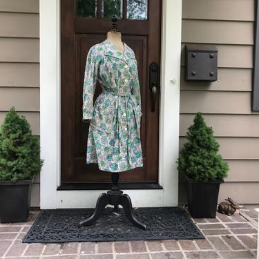 French Atomic Cotton House Dress, House Coat Style, Mid Century Atomic, Pockets, Belted,  Floral Print 