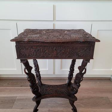 Antique Indonesian Carved Dragon And Peacock Sewing Work Table / Side Table, 19th Century 